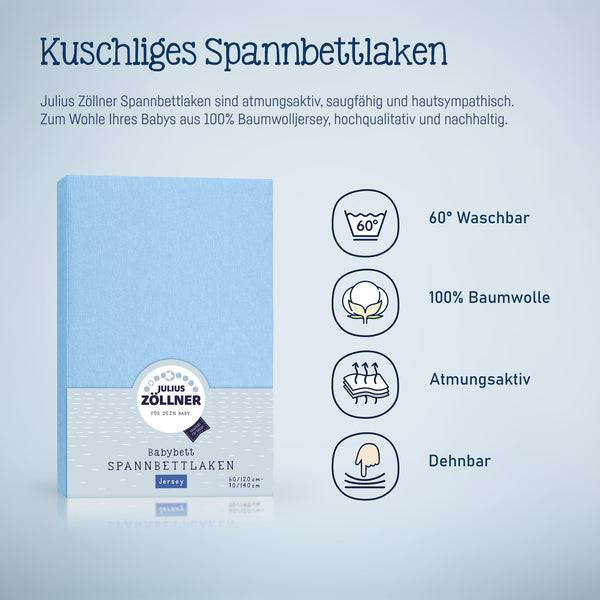 Julius Zöllner Jersey Spannbettlaken für Babymatratzen 60x120 bis 70x140cm, Hellblau Lagerräumung