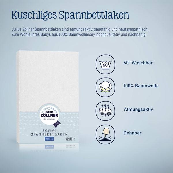 Julius Zöllner Jersey Spannbettlaken für Babymatratzen 60x120 bis 70x140cm, Weiß Blitzangebot