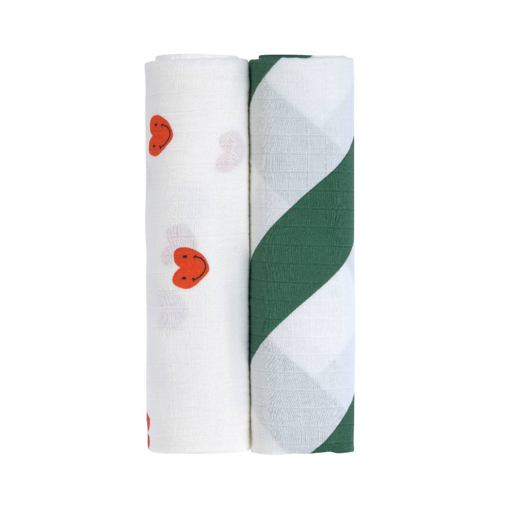 Lässig Mulltücher 2er Set (120 x 120 cm) - Bio Baumwolle, Happy Rascals, Heart Blitzangebot