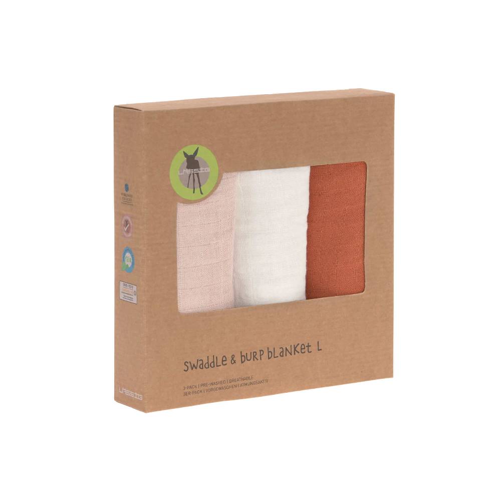 Lässig Mulltücher (3 Stk) - Swaddle & Burp Blanket L, Powder Pink Milky Rust Auslauf