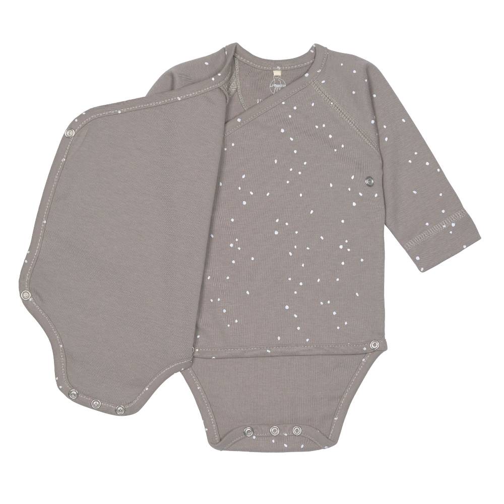 Lässig Baby Wickelbody langarm - Bio Baumwolle, Punkte, Taupe Fabrik Onlineshop