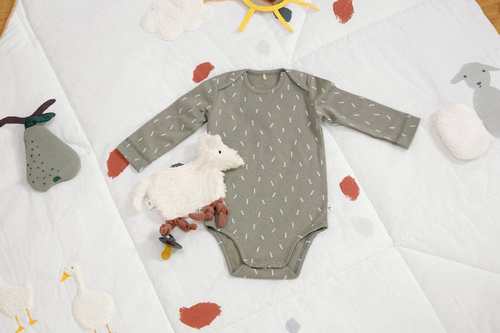 Lässig Baby Wickelbody langarm - Bio Baumwolle, Striche, Oliv Heißer Verkauf