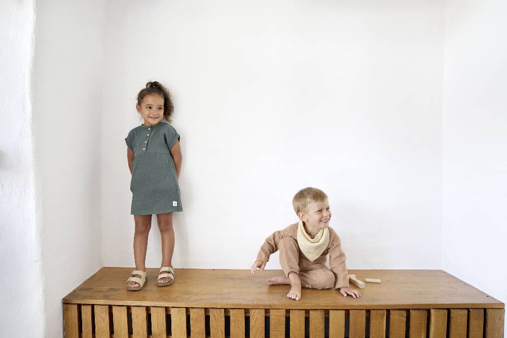 Lässig Musselin Kinderkleid - Bio Baumwolle, Petrolgrün Räumungsverkauf
