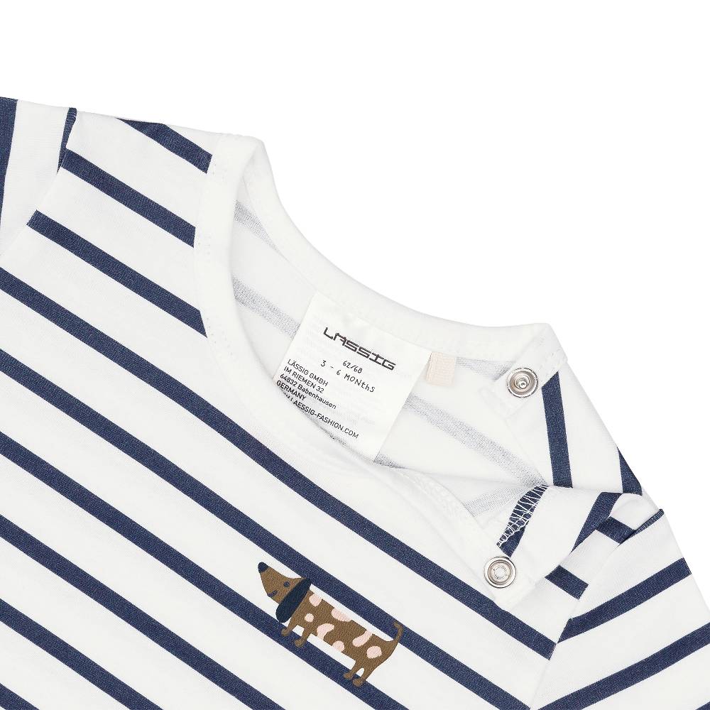 Lässig Baby Jumpsuit - Bio Baumwolle, Hund, Blau weiß Fabrikpreis