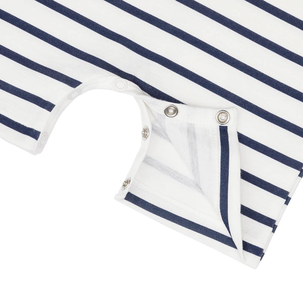 Lässig Baby Jumpsuit - Bio Baumwolle, Hund, Blau weiß Fabrikpreis