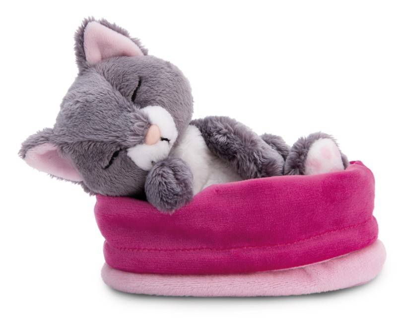 NICI Kuscheltier Sleeping Pets graue Katze 12cm im rosa Körbchen NICI GREEN Begrenzt auf 3 Tage