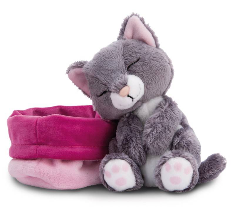 NICI Kuscheltier Sleeping Pets graue Katze 12cm im rosa Körbchen NICI GREEN Begrenzt auf 3 Tage