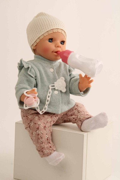 Schildkröt Manufaktur Trink + Näßbaby "Lina" 40 cm mit Malhaar und blauen Schlafaugen, Kleidung rose/mint Kauf eins, bekomm eins gratis