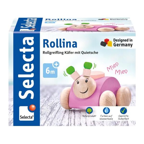 Schmidt Spiele Rollina, Rollgreifling Käfer mit Quietsche aus Holz, Rosa, 7,5 cm Versandkostenfrei