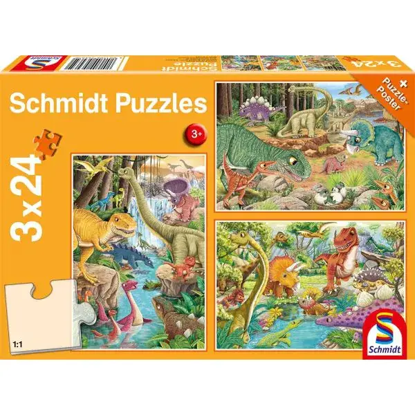 Schmidt Spiele Spaß mit Dinosauriern, 3x 24 Teile Kinderpuzzle