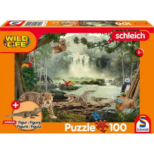Schmidt Spiele Schleich ®: Wild Life - Im Regenwald, 100 Teile Kinderpuzzle mit Add-on (eine Original Krokodil junges Figur)