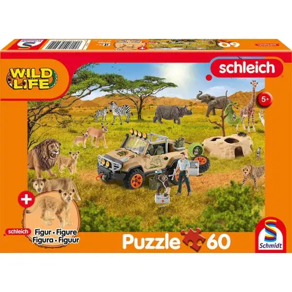 Schmidt Spiele Schleich ®: Wild Life - In der Sarvanne, 60 Teile Kinderpuzzle mit Add-on (eine Original Baby Löwenjunge Figur)