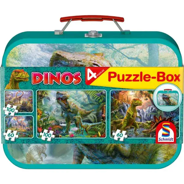 Schmidt Spiele Puzzle-Box: Dinos im Metallkoffer mit 4 Kinderpuzzles (2 x 60, 2 x 100 Teile) Fabrikladen