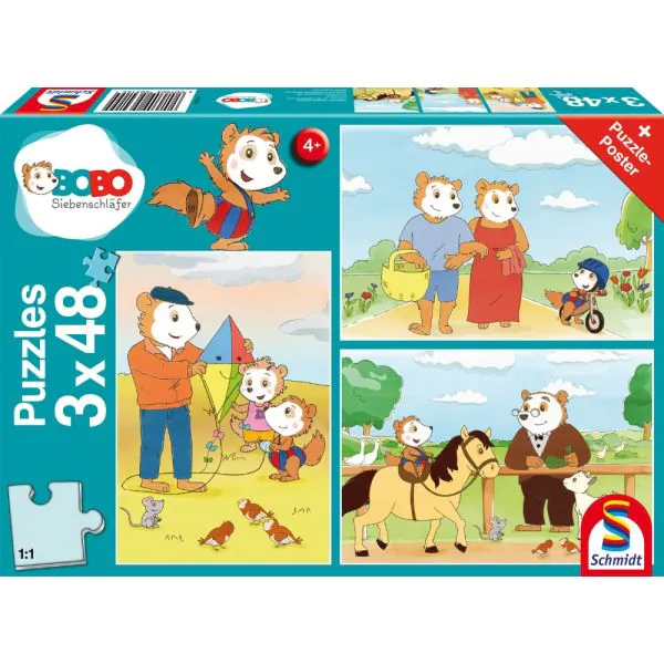 Schmidt Spiele Bobo Siebenschläfer: Auf ins Abenteuer, 3x48 Teile Kinderpuzzle Sonderangebot