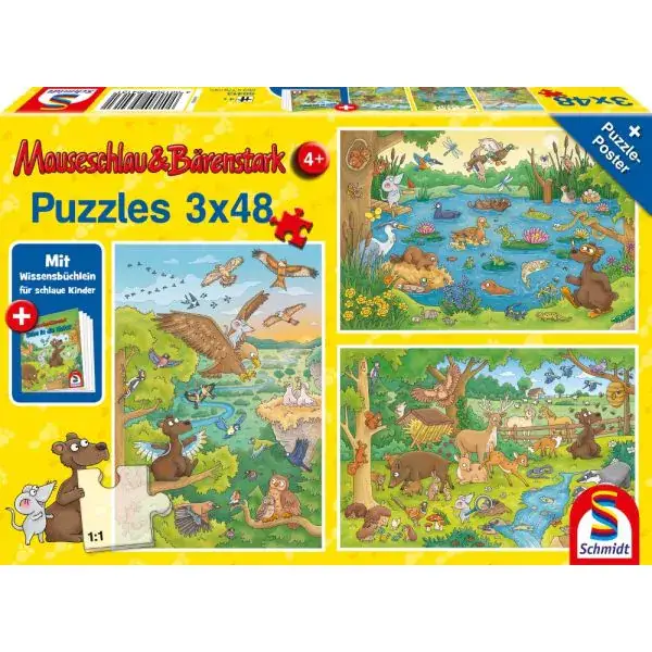 Schmidt Spiele Mauseschlau & Bärenstark: Reise in die Natur, 3x48 Teile Kinderpuzzle mit Add-on (Wissensbüchlein) Rabatt