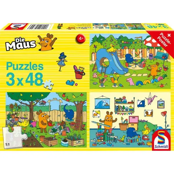 Schmidt Spiele Die Maus: Ein Tag mit der Maus, 3x48 Teile Kinderpuzzle