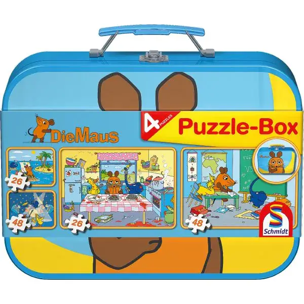 Schmidt Spiele Puzzle-Box: Die Maus im Metallkoffer mit 4 Kinderpuzzles (2 x 26 und 2 x 48 Teile) 2025