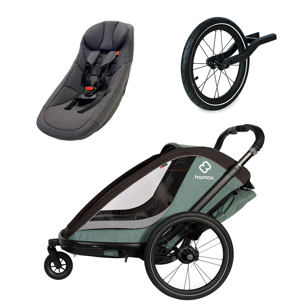 babymarkt Kinderfahrradanhänger Cocoon Zweisitzer green/black inkl. Jogger Rad und Babysitz Fabrikpreis