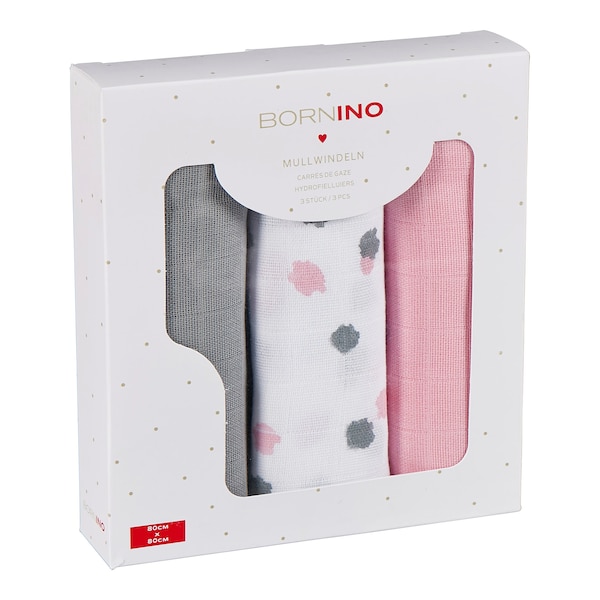 babywalz Bornino - BASICS3er-Pack Mullwindeln 80x80 cm rosa/grau/weiß Blitzangebot