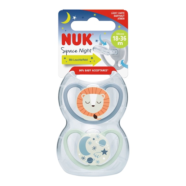 babywalz NUK2er-Pack Schnuller Space Night Silikon 18-36M Löwe / Sterne Exklusivangebot