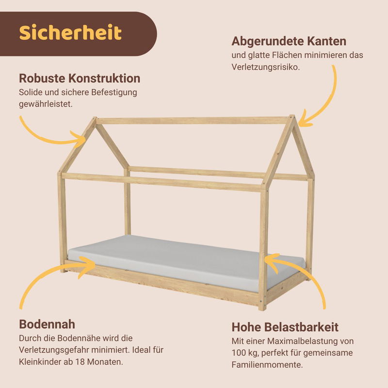 babyonlineshop Artkid Haley Natur Montessori Hausbett Bodenbett 90x200 inkl. Lattenrost Kiefer Kostenlose Rückgabe