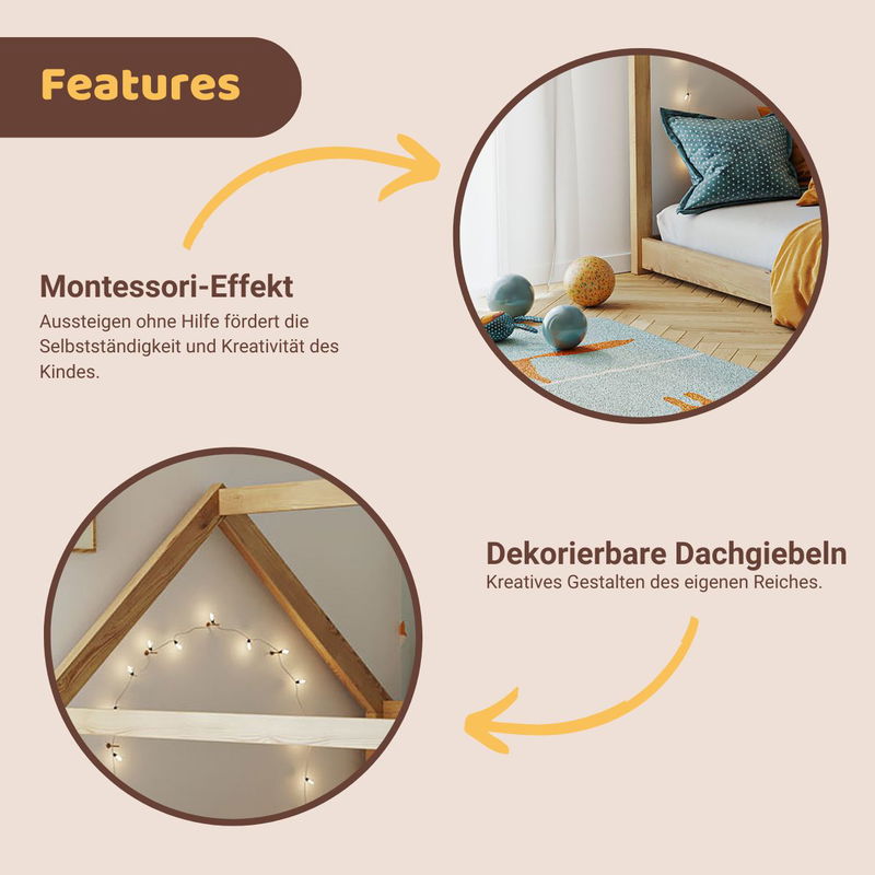 babyonlineshop Artkid Haley Natur Montessori Hausbett Bodenbett 90x200 inkl. Lattenrost Kiefer Kostenlose Rückgabe