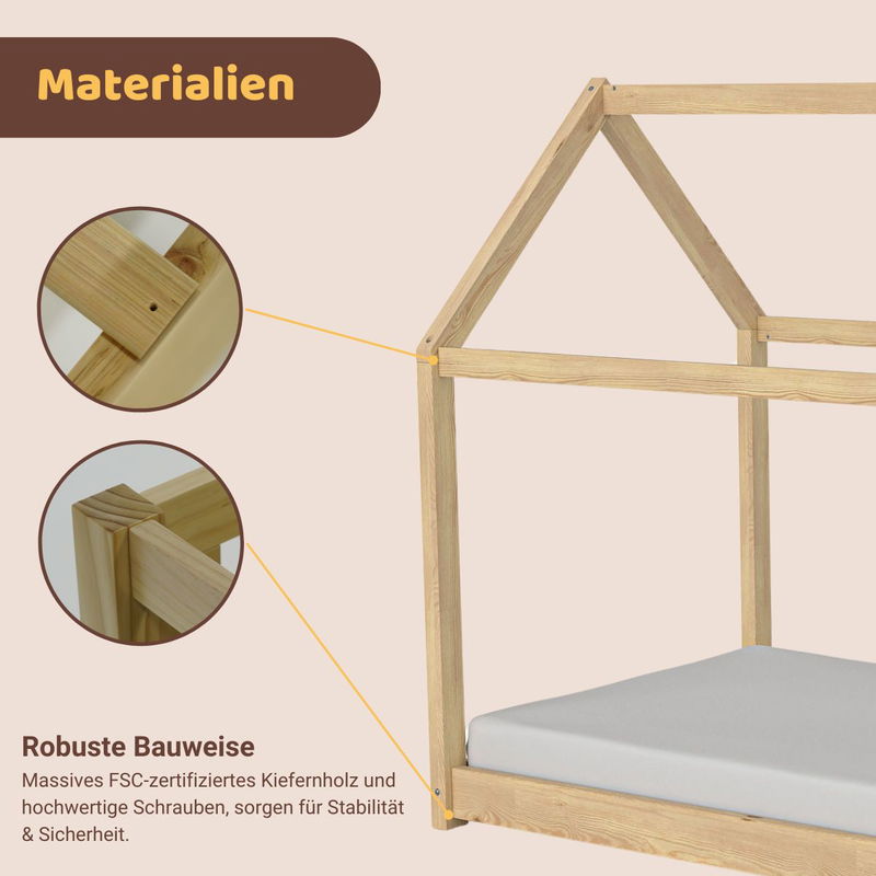 babyonlineshop Artkid Haley Natur Montessori Hausbett Bodenbett 90x200 inkl. Lattenrost Kiefer Kostenlose Rückgabe