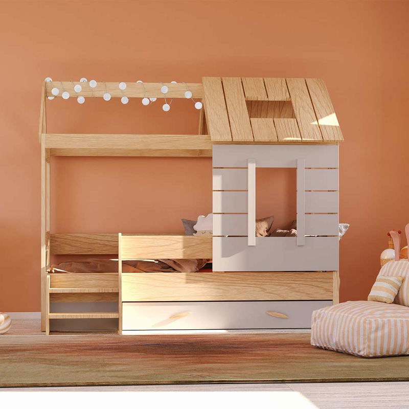 babyonlineshop Nature Kid My House Hausbett natur 90 x 200 cm inkl. Stoffdach und Bettkasten Clearance-Verkauf