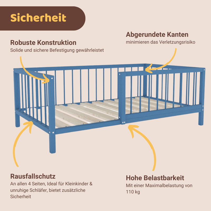 babyonlineshop Artkid Daniel Kinderbett montessori Bodenbett mit Rausfallschutz 90 x 160 cm blau Kiefer massiv Wochenangebot