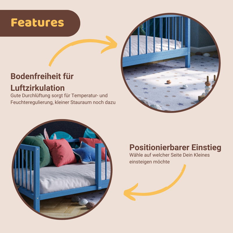 babyonlineshop Artkid Daniel Kinderbett montessori Bodenbett mit Rausfallschutz 90 x 160 cm blau Kiefer massiv Wochenangebot