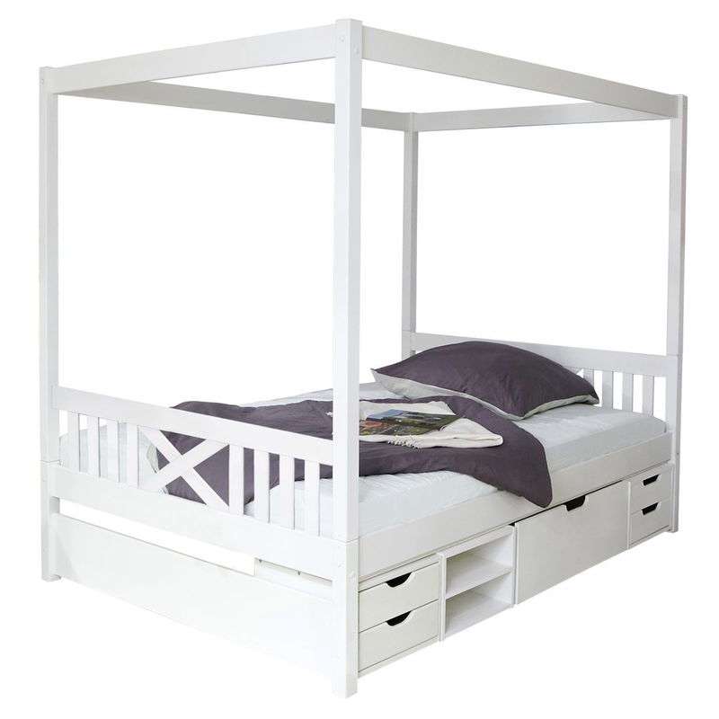 babyonlineshop Ticaa Himmelbett Lino Kiefer Weiß - Regalelement Massivholz - 140 x 200 cm Blitzverkäufe