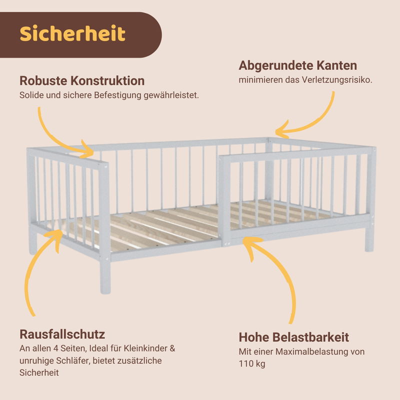 babyonlineshop Artkid Daniel Kinderbett 90 x 160 cm montessori Bodenbett mit Rausfallschutz weiß Kiefer massiv Sonderangebot