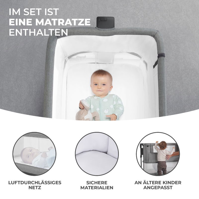 babyonlineshop Kinderkraft Beistellbett NESTE GROW grey melange Fabrikverkauf