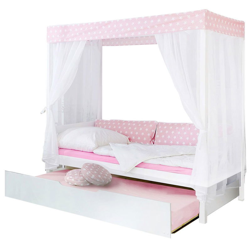 babyonlineshop Ticaa Himmelbett Stern Rosa Kiefer Weiß inkl. Bettkasten & Tüll-Textilien - 90 x 200 cm Exklusivangebot