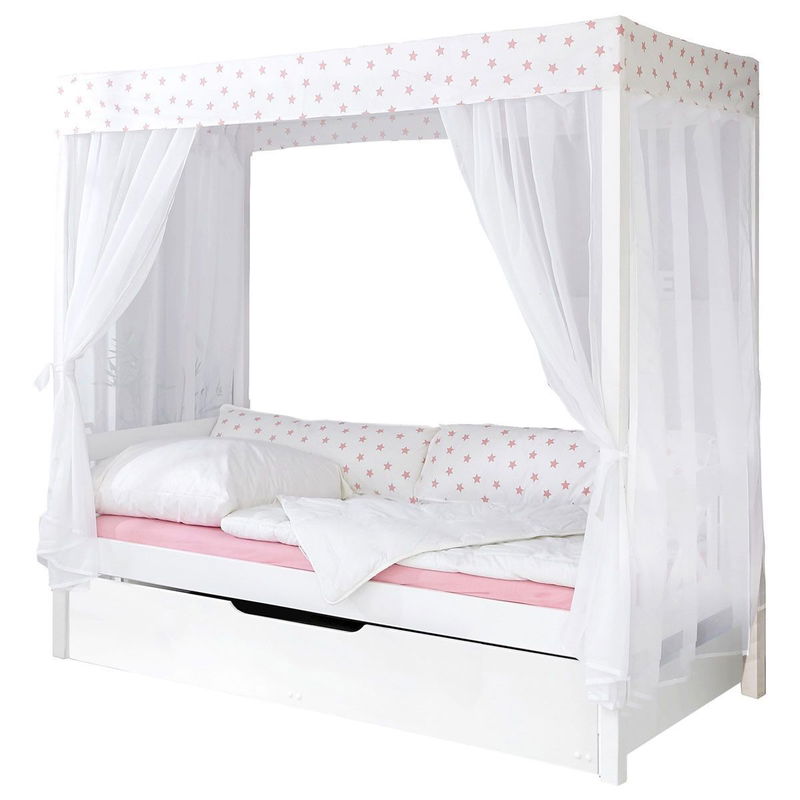 babyonlineshop Ticaa Himmelbett Stern Weiß-Rosa Kiefer Weiß inkl. Bettkasten & Tüll-Textilien - 90 x 200 cm Preisnachlass