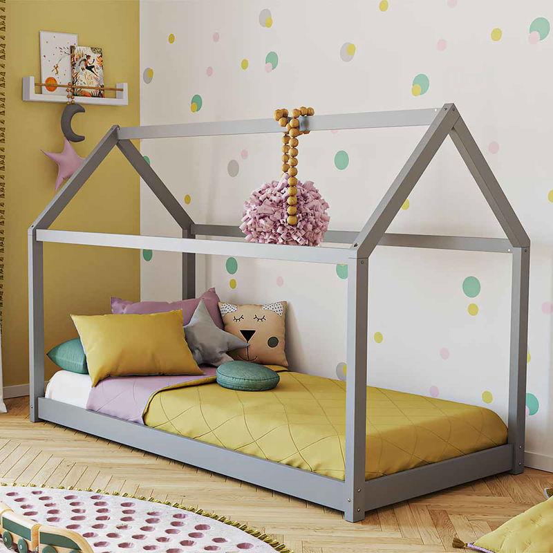 babyonlineshop Artkid Haley Grau Montessori Hausbett Bodenbett 90x200 inkl. Lattenrost massive Kiefer