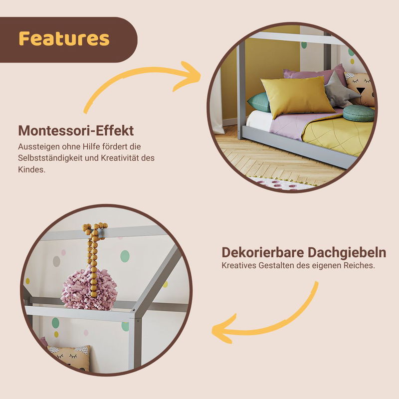 babyonlineshop Artkid Haley Grau Montessori Hausbett Bodenbett 90x200 inkl. Lattenrost massive Kiefer Vierteljährliche Förderung
