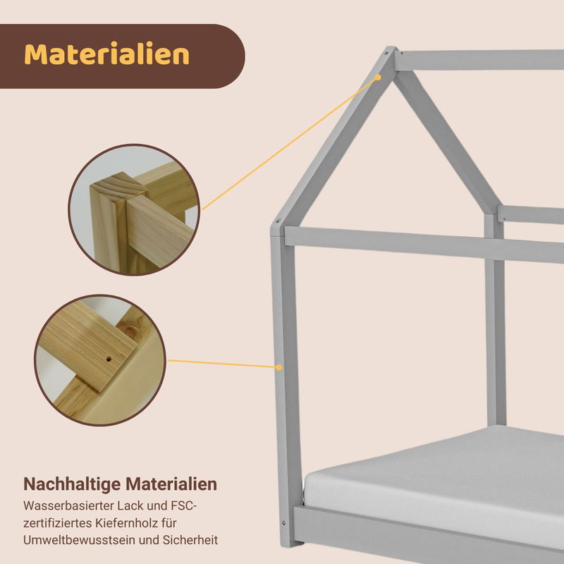 babyonlineshop Artkid Haley Grau Montessori Hausbett Bodenbett 90x200 inkl. Lattenrost massive Kiefer Vierteljährliche Förderung