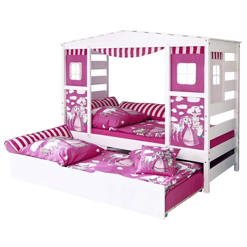 babyonlineshop Ticaa Hausbett Horse Rosa Kiefer Weiß & Bettkasten Massivholz - Dessin: Horse Rosa Fabrikladen