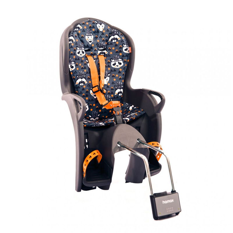 babyonlineshop Hamax Kiss Fahrradsitz Grau/Blau/Orange abschließbare Halterung