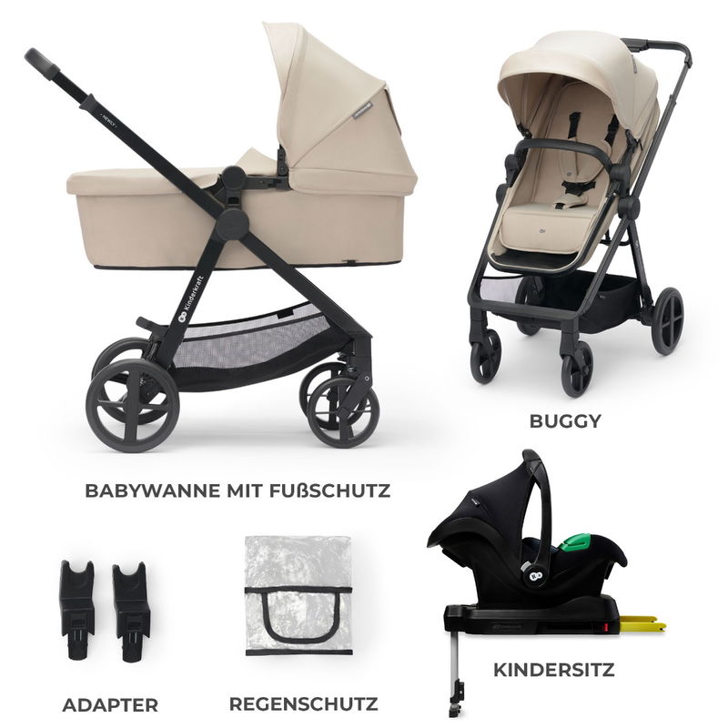 babyonlineshop Kinderkraft Kinderwagen 4in1 NEWLY Mink Pro sand beige + base Vierteljährliche Förderung