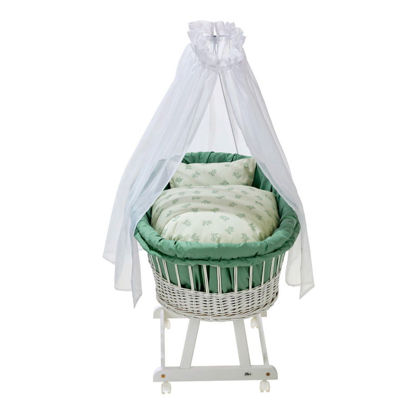 babyonlineshop Alvi Birthe Stubenwagen weiß Komplettset Matratze Himmelstange und Garnitur Teddy 1961 Großer Ausverkauf