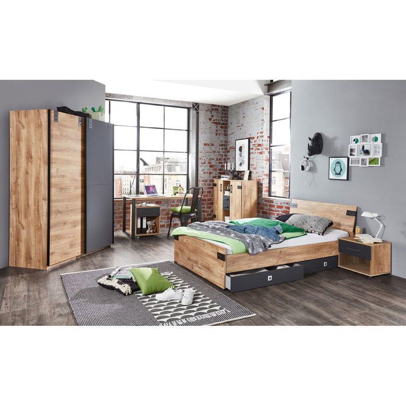 babyonlineshop Wimex Liverpool Jugendzimmer 3-teilig Schiebeschr. breit Bett 120cm Plankeneiche/Graphit