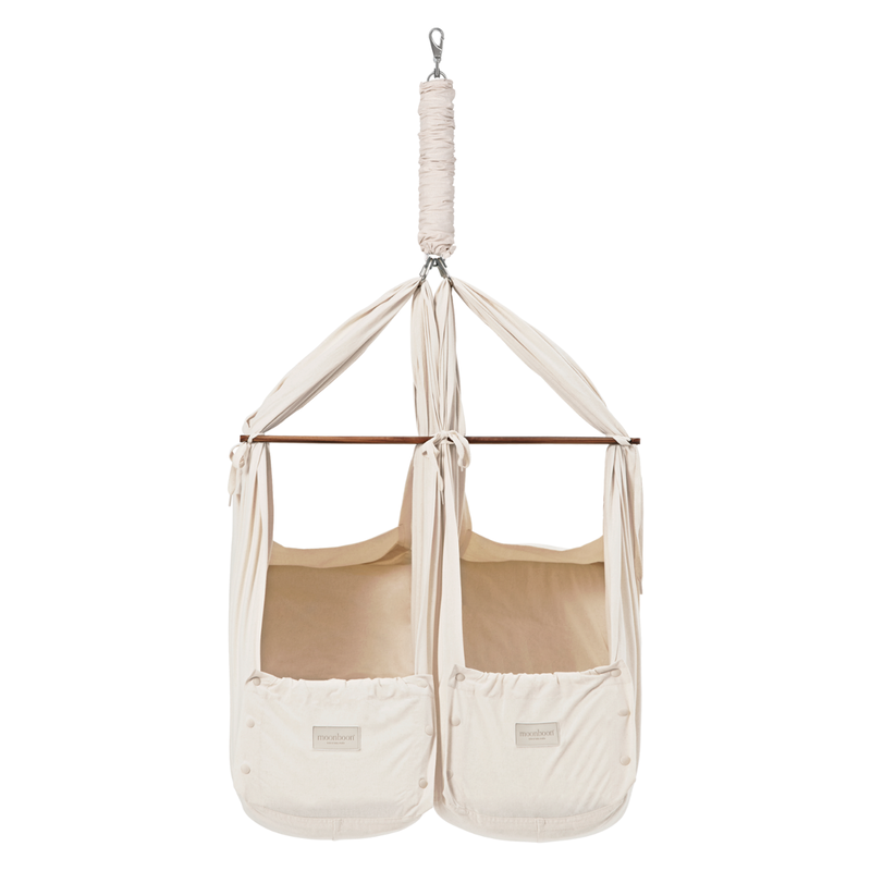 babyonlineshop Moonboon Ökologische Zwillings-Federwiegen-Bundle Nature mit Motor Conect Gestell weiß Saisonschlussverkauf