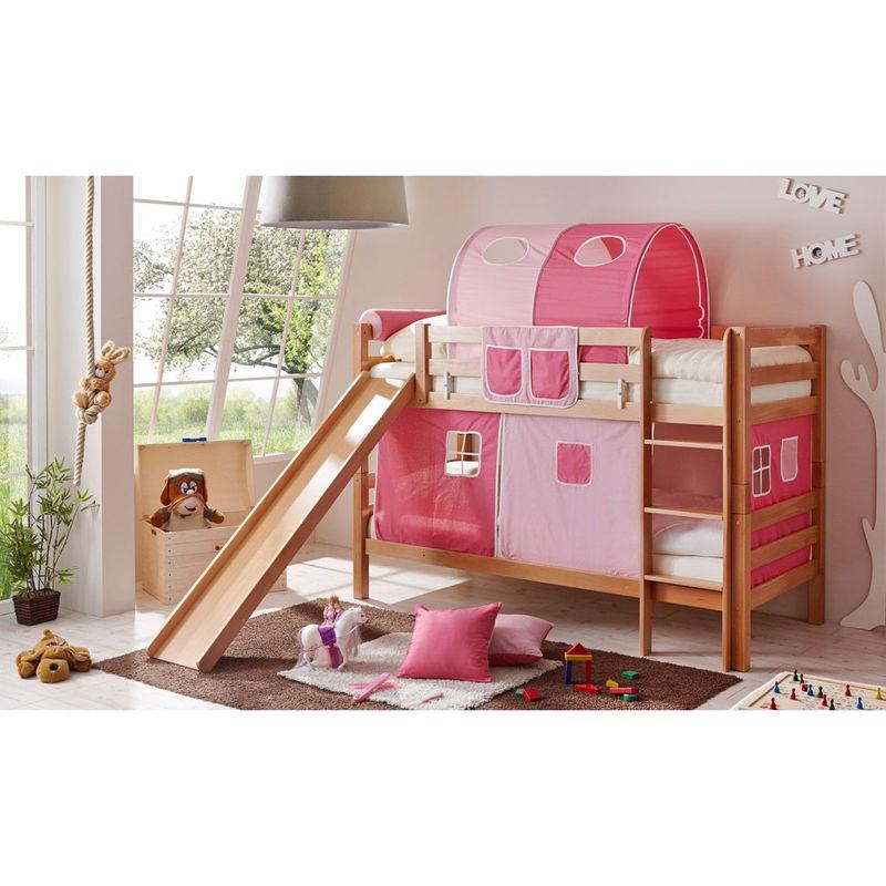 babyonlineshop Ticaa Lupo Etagenbett mit Rutsche Buche natur Massivholz - Vorhang-Dessin wählbar Osterangebot