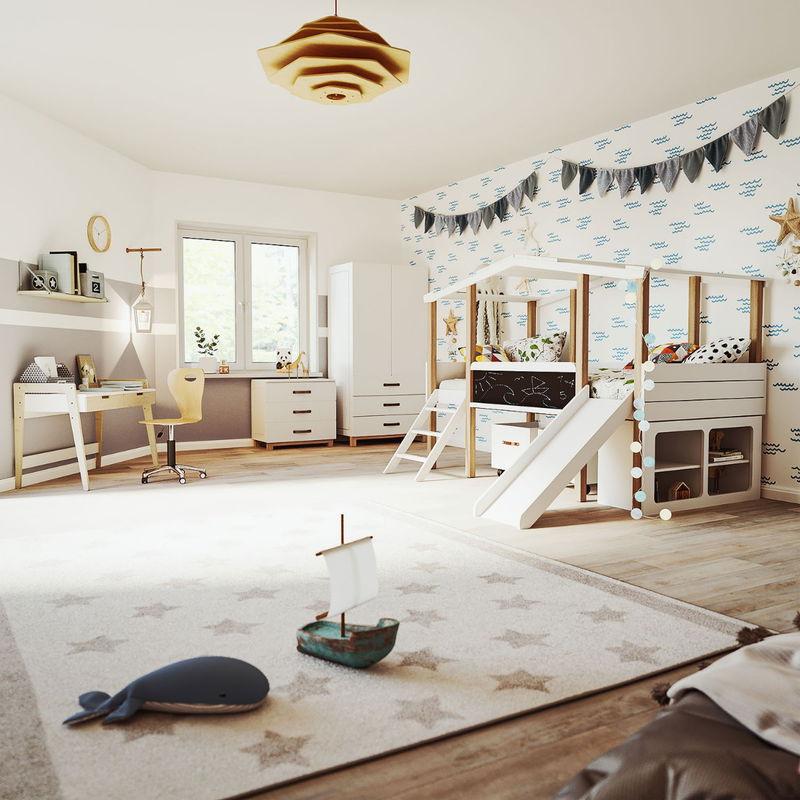 babyonlineshop Nature Kid Cory Kinderzimmer weiß/natur 8-teilig mit Hausbett 90 x 200 cm Dach & Schreibtisch Jubiläumsangebot