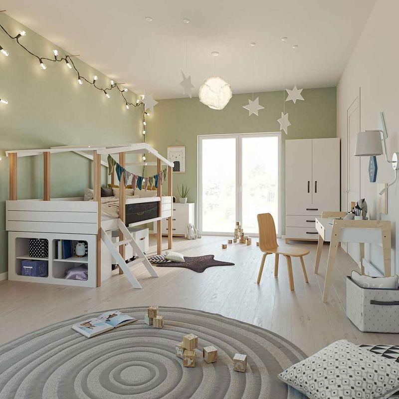 babyonlineshop Nature Kid Cory Kinderzimmer weiß/natur 8-teilig mit Hausbett 90 x 200 cm Dach & Schreibtisch Jubiläumsangebot