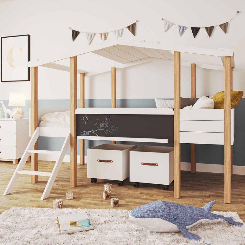 babyonlineshop Nature Kid Cory Kinderzimmer weiß/natur 8-teilig mit Hausbett 90 x 200 cm Dach & Schreibtisch Jubiläumsangebot