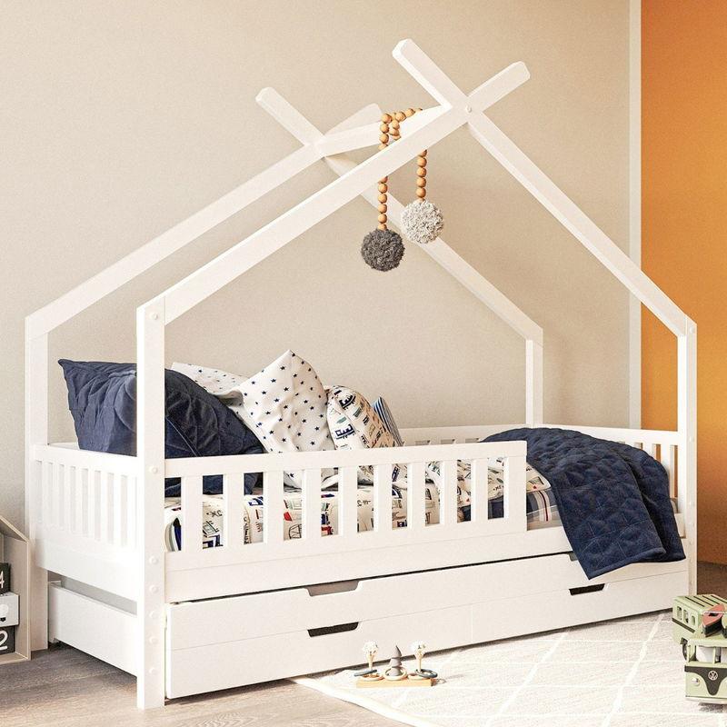 babyonlineshop Nature Kid Clara Hausbett weiß 90 x 200 cm inkl. Gästebett und Bettkasten Große Rabatte